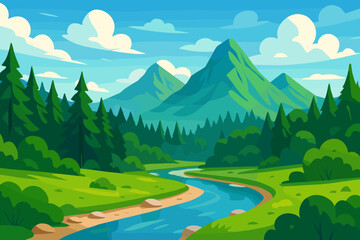 Vector cartoon landscape with a river flowing through a green meadow. Summer or spring scenery with mountains, pine forest, blue sky, and clouds. Flat style nature background.