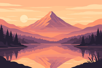Beautiful mountain landscape with lake and forest at dawn or sunset. Vector illustration of serene nature scenery with peak reflection. Modern flat cartoon style for background.