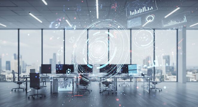 Modern Office with Futuristic Data Hologram Overlay