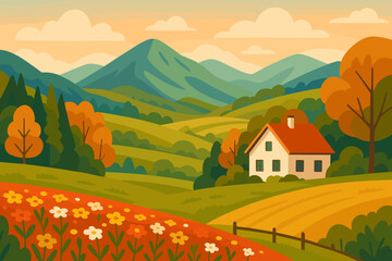 Beautiful rural landscape with mountains, rolling hills, fields, and cozy home. Idyllic autumn countryside with flower meadow. Modern flat vector cartoon illustration.