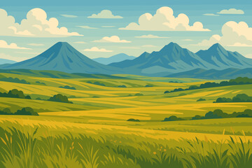 Fototapeta premium Beautiful steppe and mountains vector illustration. Prairie landscape with steppe grasses, meadows, fields. Scenery with amazing mountains, volcano. Summer nature background concept.
