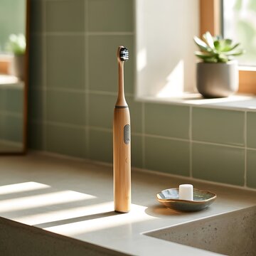 amboo electric toothbrush standing on bathroom counter beside ceramic dish accessory