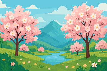 Spring landscape with cherry blossom trees. Vector illustration of a beautiful scenic valley with a river and mountains. Idyllic nature background with green grass and flowers.