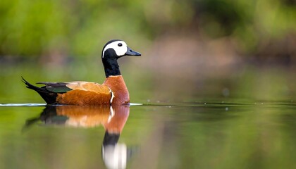 A duck glides across a tranquil pond