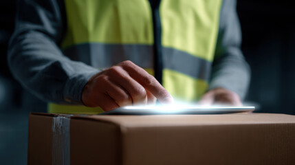 Warehouse worker using digital tablet on cardboard box in dark storage room with reflective vest