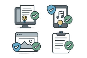 Digital asset certification icon set. Media validation, copyright protection, and document verification. Vector icons for license, quality guarantee, and approved content security.