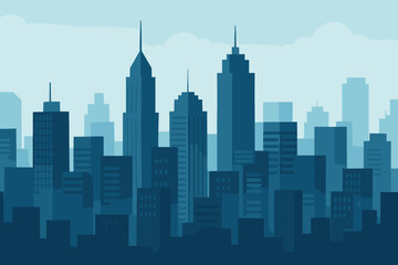 Modern flat vector illustration of a city skyline with silhouettes of skyscrapers. Panoramic cityscape and urban landscape of a metropolis downtown. Business district architecture concept.