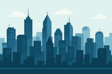 Naklejka premium Cityscape with tall skyscrapers and office buildings silhouette. Panoramic urban landscape of a modern metropolis. Downtown city view background. Flat design vector illustration.