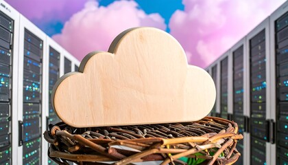Wooden cloud in a nest amid server racks