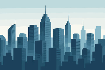 Naklejka premium Cityscape with silhouettes of tall skyscrapers and office buildings. Panoramic urban landscape of the metropolis. Silhouettes of a modern city. Modern flat vector background.