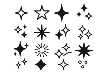 Big set of hand drawn star and sparkle icons. Black doodle celestial elements. Cute cartoon magic twinkle, glitter, and shine symbols. Minimalist vector graphic collection.