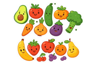 Cute cartoon vegetables and fruits characters set. Kawaii smiling food collection. Healthy eating concept for kids. Vector illustration of avocado, carrot, apple, banana icons.