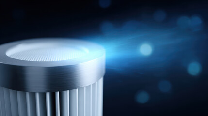 Air purifier filter releasing clean air with blue light effect, modern cylindrical design for indoor air quality improvement