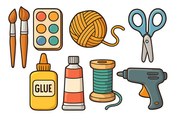 Set of crafting and art supplies for creative DIY projects. Vector icons of paintbrush, watercolor, yarn, scissors, glue gun, and thread for handmade hobbies. Flat cartoon style.