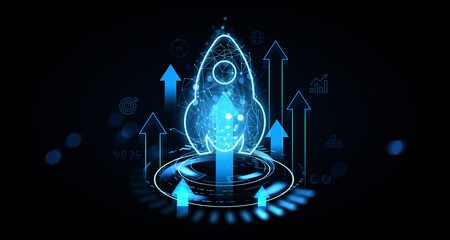 Futuristic digital rocket launch with glowing arrows and tech symbols on dark background representing startup growth and innovation success. 3D Rendering