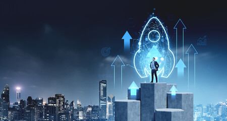 Businessman standing on rising blocks with rocket and arrows sym