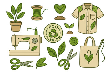 Set of eco fashion icons. Sustainable clothing, green textile production concept. Vector illustrations of sewing machine, plant, thread, leaf, recycle symbol, slow fashion.