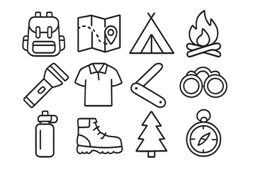 Camping and hiking outline icon set. Outdoor adventure and survival gear linear icons. Backpack, tent, map, compass, fire, flashlight, pocket knife, binoculars vector pictograms.