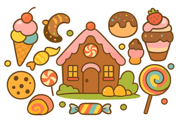 Obraz premium Sweet candy land vector illustration set with gingerbread house, ice cream, cupcake, and lollipop. Cartoon flat design elements for kids, confectionery, bakery, or party themes.