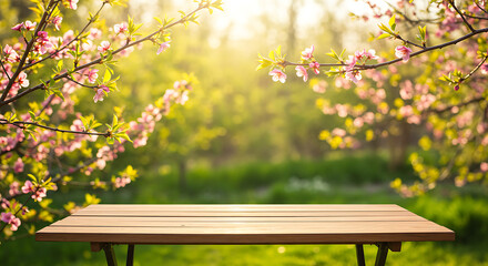 Empty Wooden Table in Spring Blossom Garden