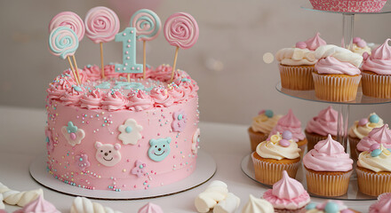 Pink First Birthday Cake with Cupcakes and Sweets