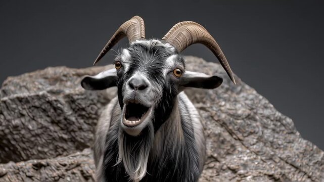 A goat with horns stands on a rock. The animal appears to be vocalizing, with its mouth open and a happy expression on its face.