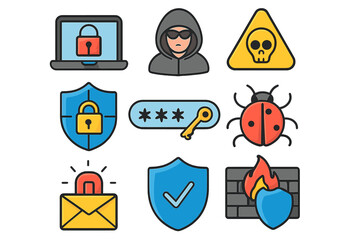 Cyber security icon set. Digital protection concepts. Hacker, virus, malware, phishing, and firewall. Data privacy, password access, and computer network safety symbols.