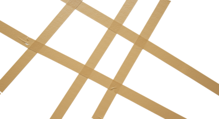 Light brown adhesive tape strips with sharp edges on a pristine matte white surface, flat-lay top-down, minimalist studio shot. Concept of strategic planning and progress.