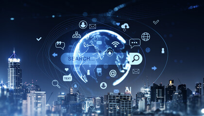 Digital global search interface concept with internet icons and Earth hologram over modern city skyline at night with futuristic network overlay.