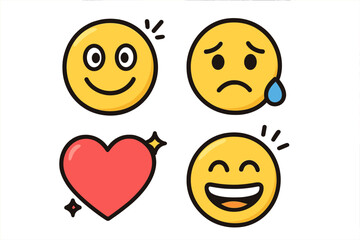 Fototapeta premium Emoji set with various emotions. Happy, sad, crying, and love heart icons. Vector cartoon character faces for social media feedback. Expressive emoticon collection.
