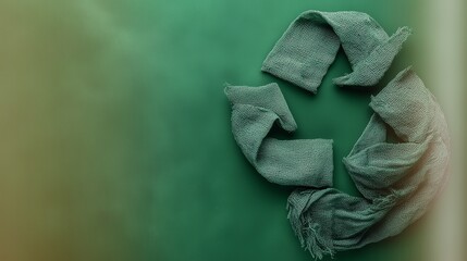 Recycle symbol made of burlap fabric on green background for environmental awareness and sustainability