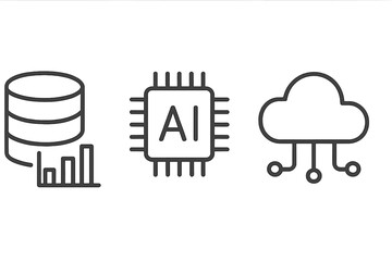 Data analysis line icon set with database, AI chip, and cloud computing symbols. Vector icons for big data, machine learning, server storage, and network technology concepts.