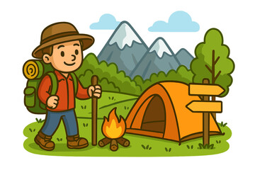 Hiker with backpack camping in mountains. Man exploring nature with tent, campfire, and signpost. Outdoor adventure, trekking, and travel concept. Vector cartoon illustration.