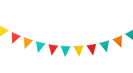 Vibrant red, orange, yellow, turquoise triangular and swallowtail bunting floating on a transparent studio background, soft high-key lighting, ample negative space. Concept of joy and celebration