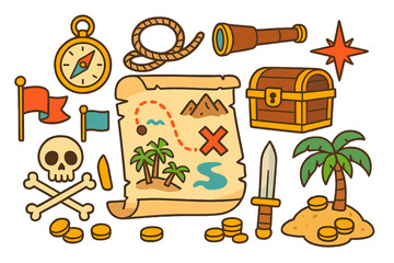 Pirate adventure icon set with treasure map, chest, skull, and gold coins. Vector cartoon illustration for a fantasy sea quest. Includes compass, spyglass, and island symbols.