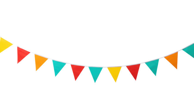 Vibrant red, orange, yellow, turquoise triangular and swallowtail bunting floating on a transparent studio background, soft high-key lighting, ample negative space. Concept of joy and celebration