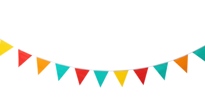 Vibrant red, orange, yellow, turquoise triangular and swallowtail bunting floating on a transparent studio background, soft high-key lighting, ample negative space. Concept of joy and celebration