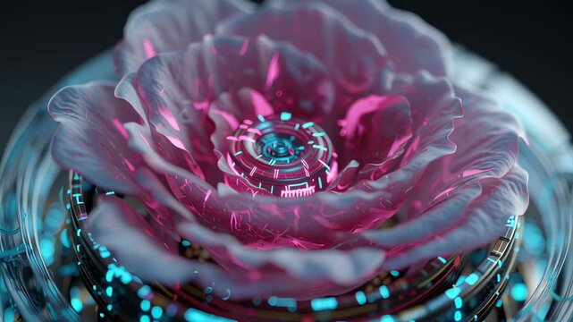 A pink mechanical flower blooms, with glowing blue lights pulsing from the center. This futuristic cyborg plant is a marvel of technology.