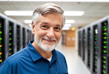 Portrait of a senior male IT technician or cybersecurity staff smiling against a server room background with copy space