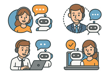 Customer service icon set with chatbot and support agent. AI helpdesk concept. Virtual assistant communication with man and woman operator. Vector cartoon illustration.