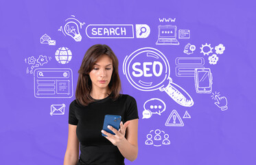 Woman using smartphone with SEO and web search icons on purple b