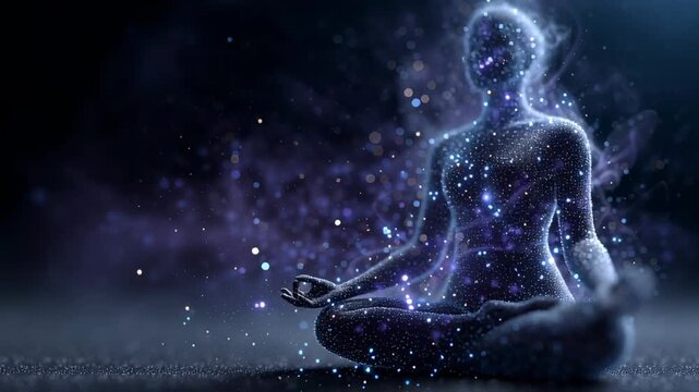 A person sits calmly in a meditation pose. Spiritual energy and cosmic stars illuminate the body and space, creating a peaceful scene.