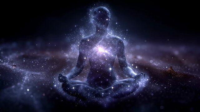 A human form made of stars and galaxies sits in a lotus pose, meditating in deep outer space.