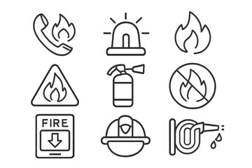 Fire safety linear icon set. Emergency response and firefighting equipment symbols. Thin line collection of hazard warning signs, alarm, extinguisher, hose, and firefighter helmet.