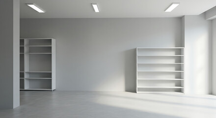 Empty Modern Office Space with White Shelving