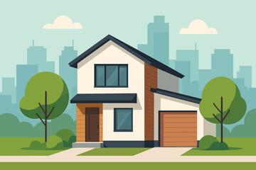 Modern house with trees against a big city skyline. Suburban building with garage. Vector illustration. Flat cartoon style for real estate, property, architecture, or mortgage.