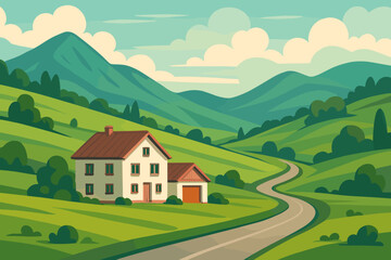 House in the hills, a rural landscape of green fields and meadows. Hills with trees and a winding road leading to the mountains. Estate in a picturesque area. Vector illustration.