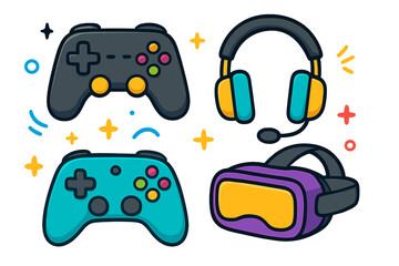 Gaming icon set with gamepads, controller, headset with microphone, and VR glasses. Gamer equipment for video games, esports. Cartoon vector illustration for entertainment.