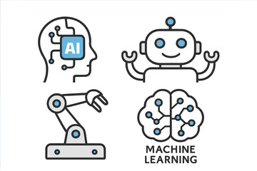 Artificial intelligence icon set. Robotics, machine learning and automation concepts. Modern vector illustration of robot, AI head, industrial arm and neural network brain.