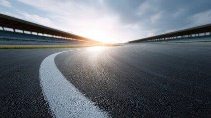Asphalt race track curve with white line and sunlight shining on surface under cloudy sky, creating dramatic and dynamic atmosphere